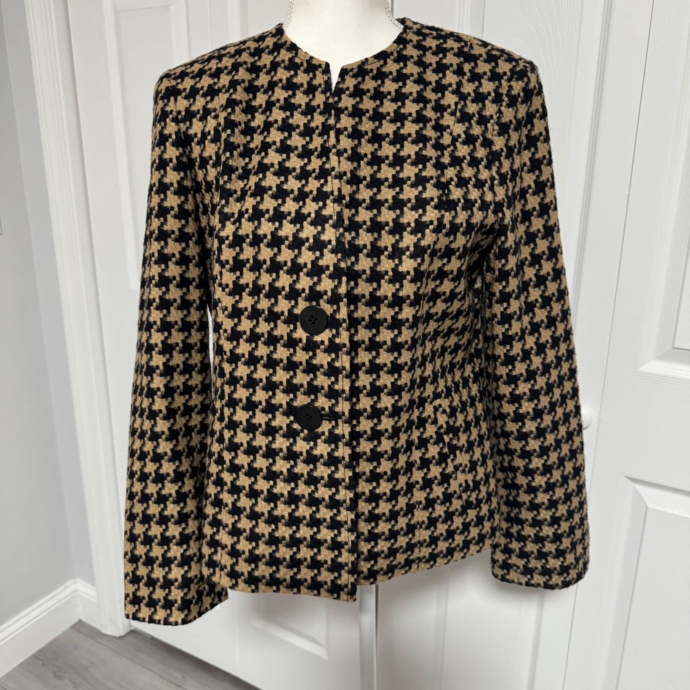 90s Coldwater Creek Women Houndstooth Blazer Tan Black Collarless Jacket Size 10